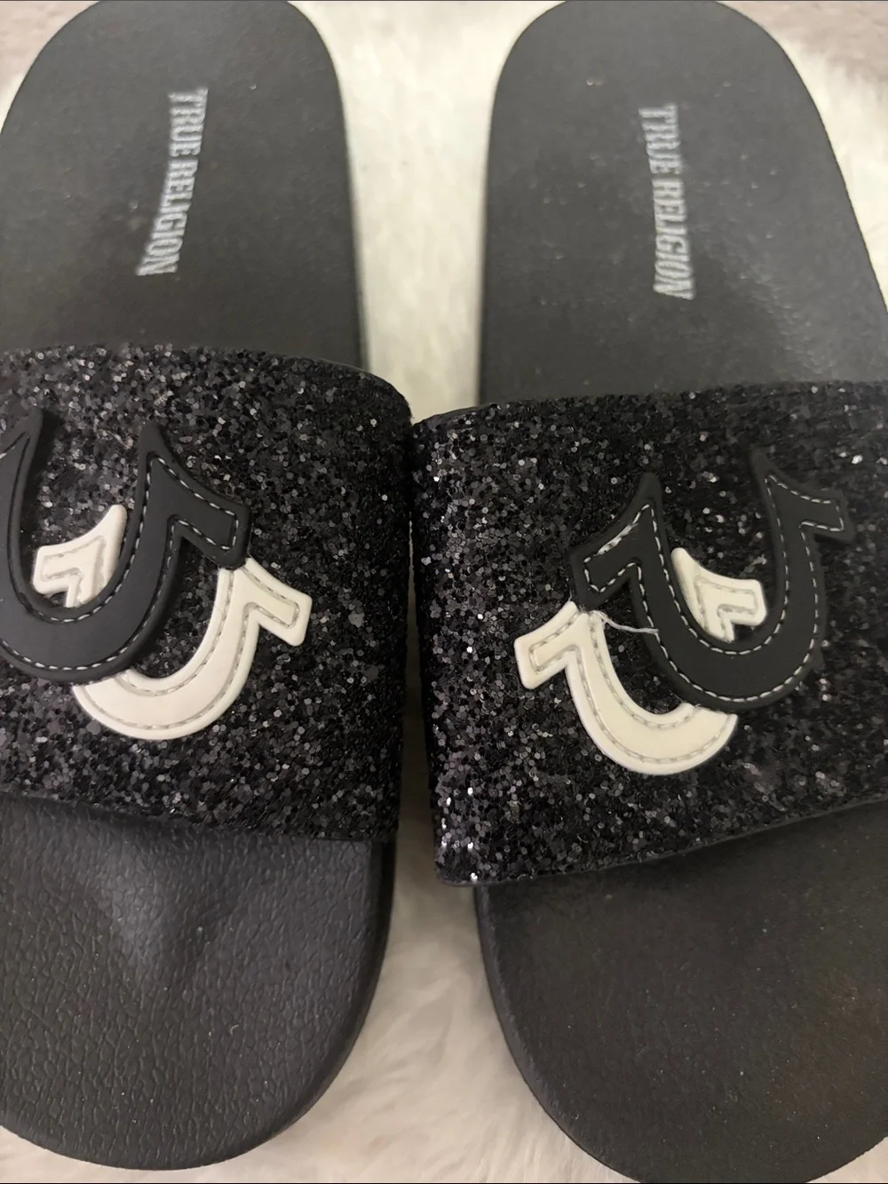 True Religion glitter slide sandals